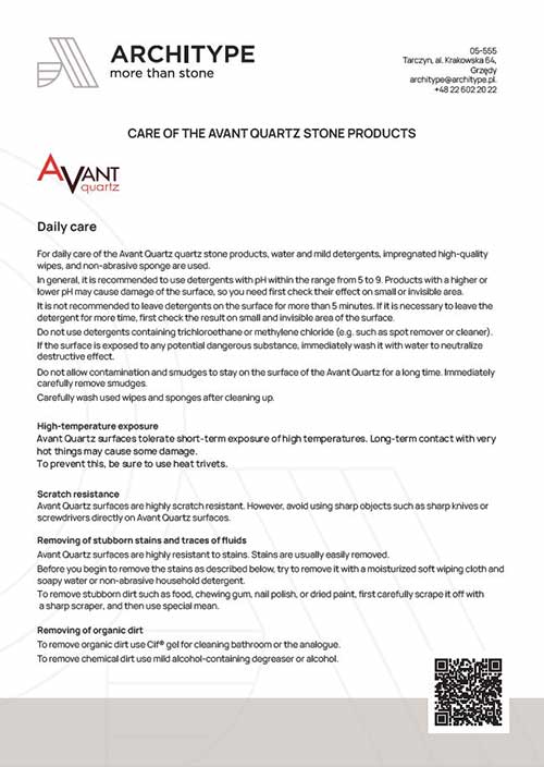 Avant Quartz. Instrucțiuni de îngrijire a produsului